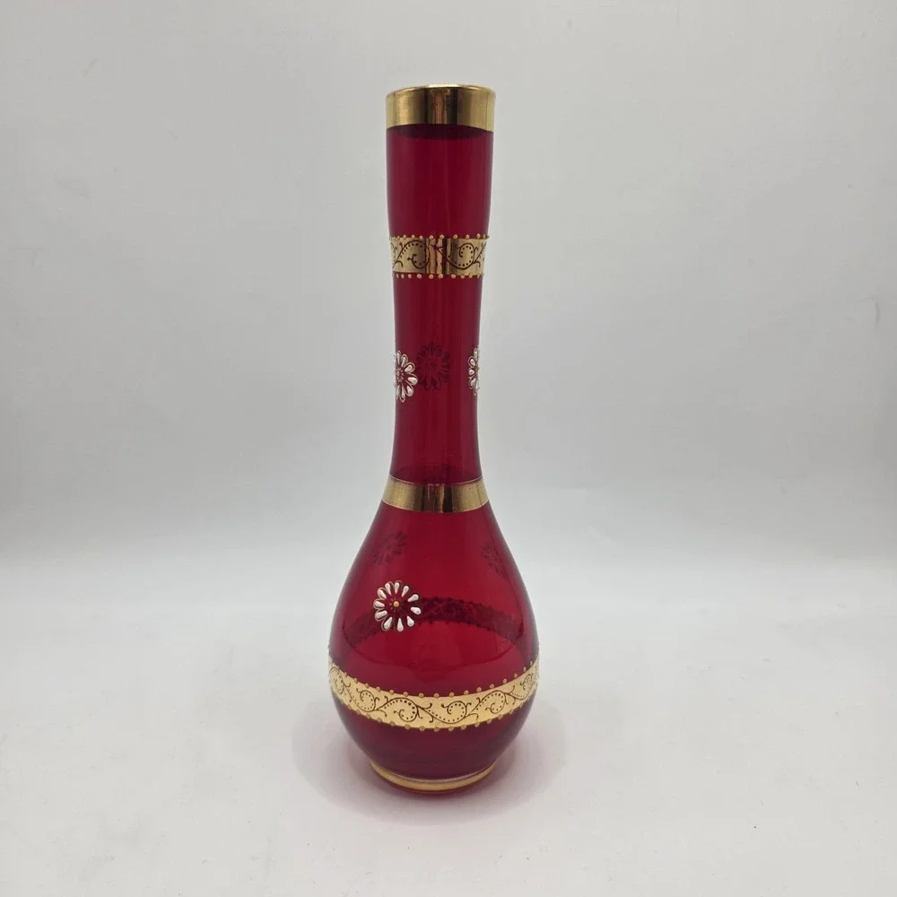 Vintage Ruby Red Glass Bud‎ Vase Gold Enamel Floral Bohemian Style 8in
